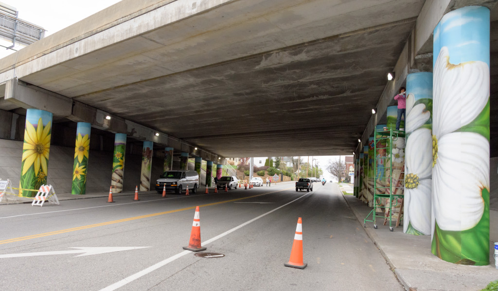 The 18 Pier Columns of the Tazewell Ave. Bridge ( Interstate 581) were covered with hand painted Mural Panels 